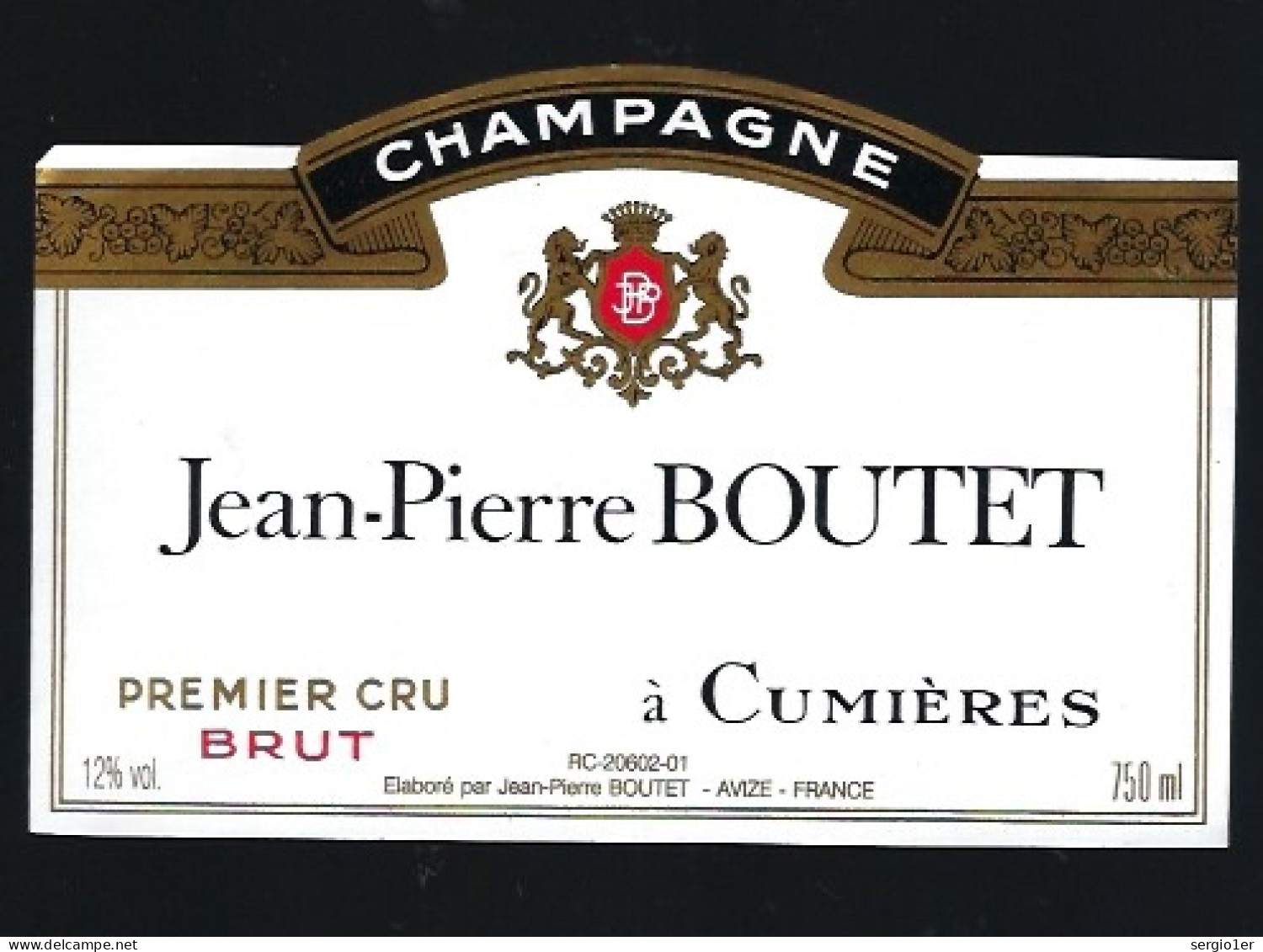 Etiquette Champagne  1er Cru  Brut  Jean-Pierre Boutet    Cumieres  Marne 51 - Champagner