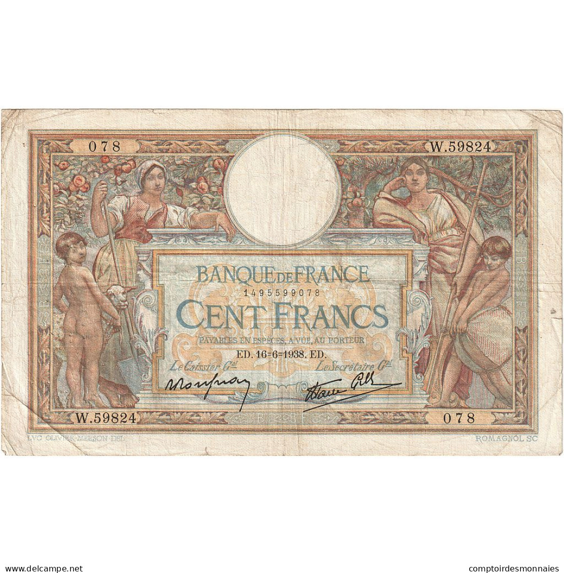 France, 100 Francs, Luc Olivier Merson, 1938, W.59824, TB, Fayette:25.23, KM:86b - 100 F 1908-1939 ''Luc Olivier Merson''
