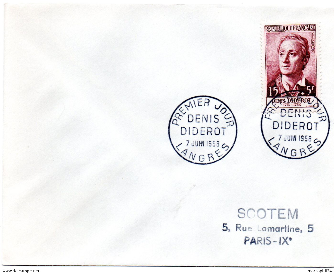 ECRIVAIN / DIDEROT = 52 LANGRES 1958 = CACHET PREMIER JOUR N° 1168 Sur ENVELOPPE ENTIERE - Schriftsteller