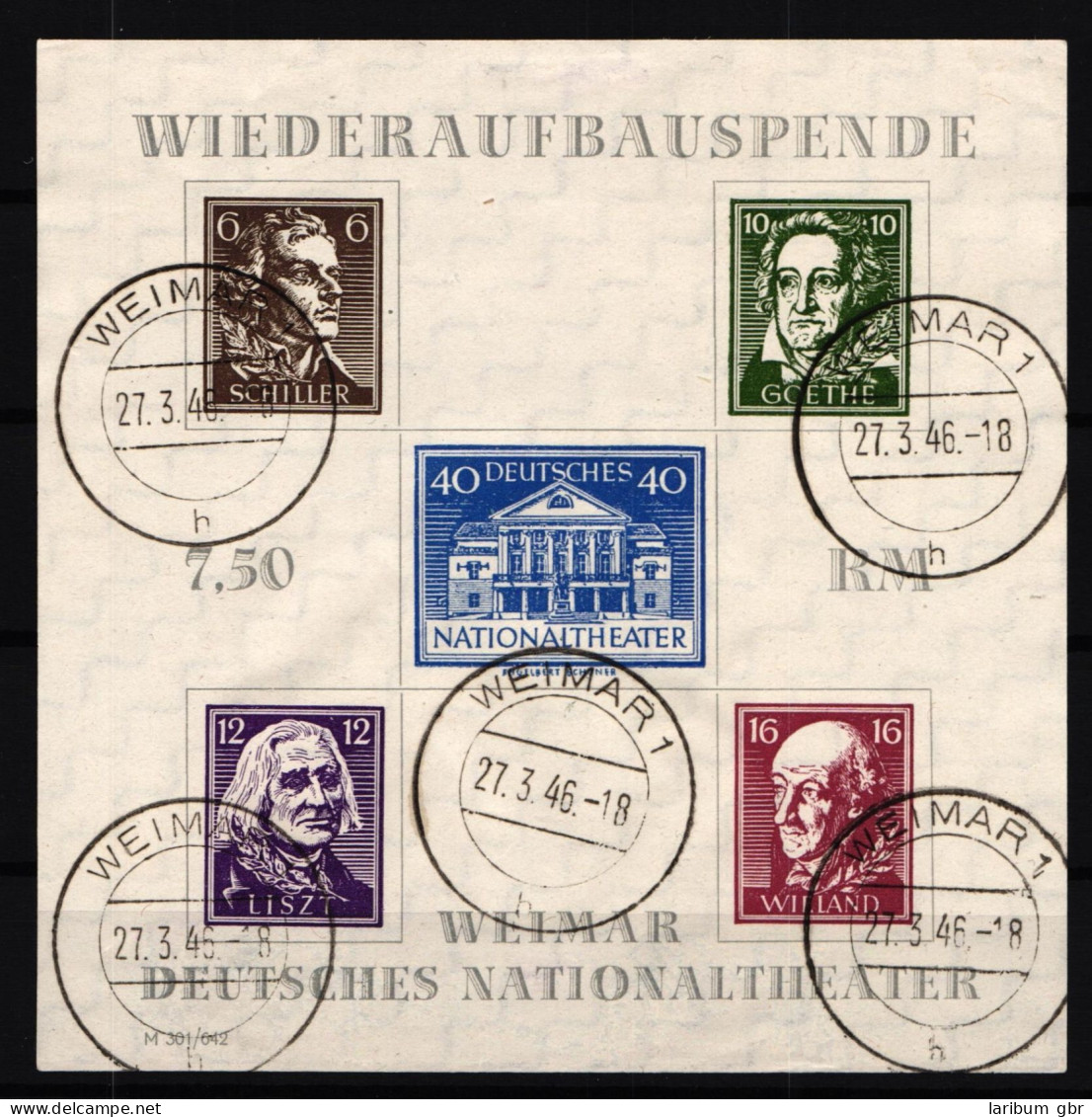 SBZ Block 3AX Gestempelt Vom Ersttag, Weimar 27.3.46 #HJ621 - Altri & Non Classificati