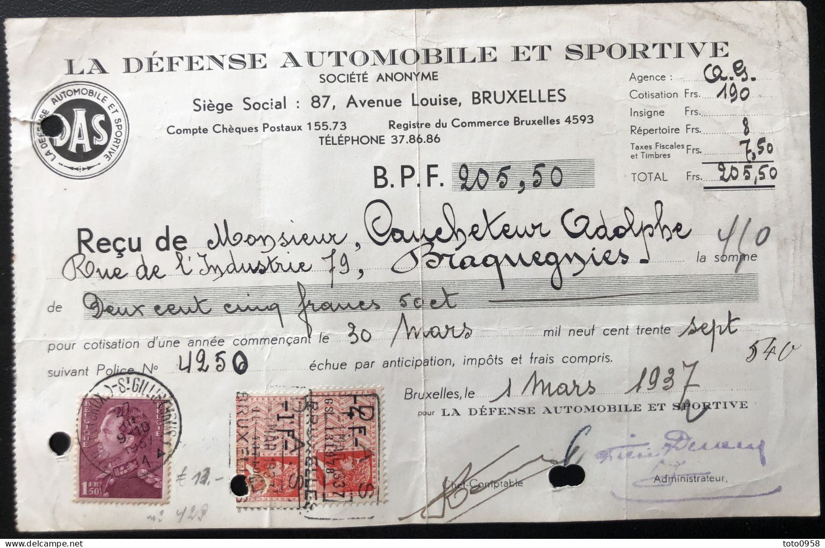 Belgique 1937 Facture Cotisation Auto - Documents