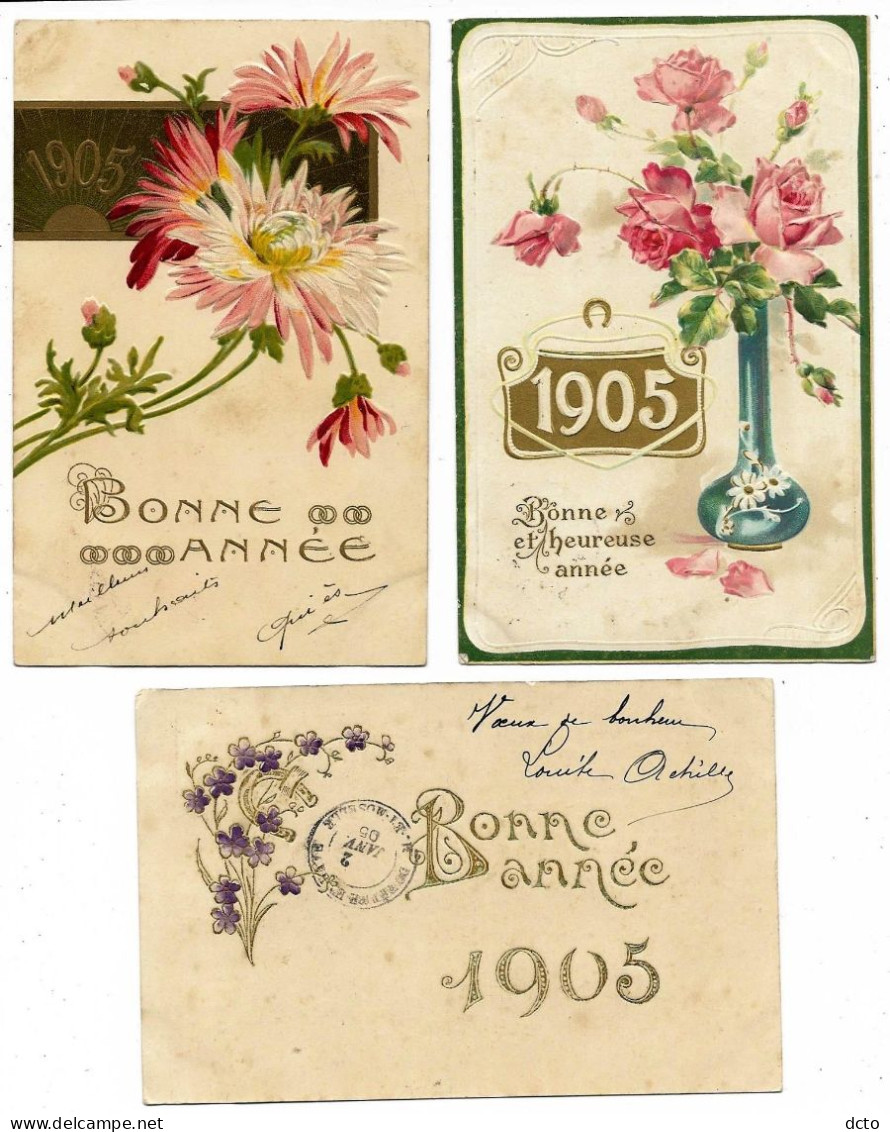 3 Cpa Fleurs Gaufrées Bonne Année 1905 - Neujahr