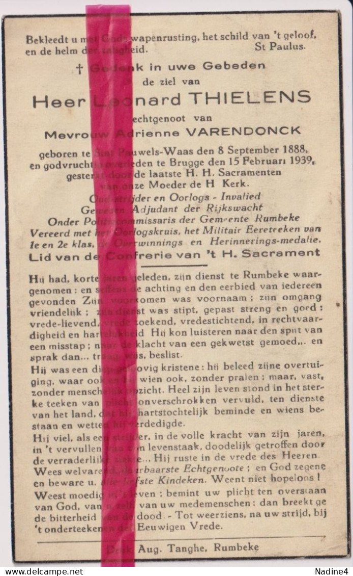 Devotie Doodsprentje Overlijden - Leonard Thielens - Politie Rumbeke - St Pauwels 1888 - Brugge 1939 - Obituary Notices