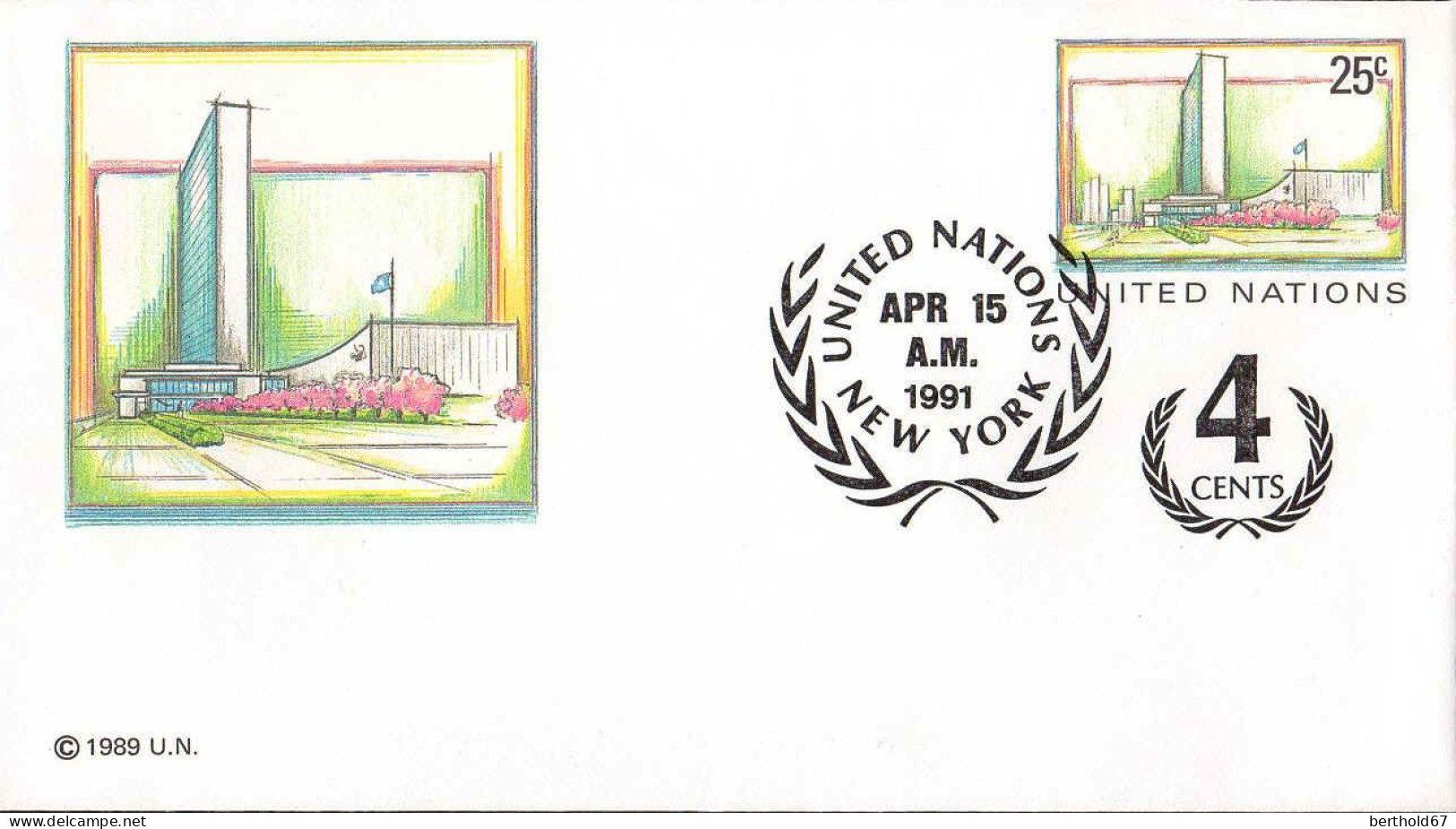 ONU (New-York) Entier-P Fdc (112) United Nations Headquarters Env PtFormat 25c 15apr1991 +4cents - FDC