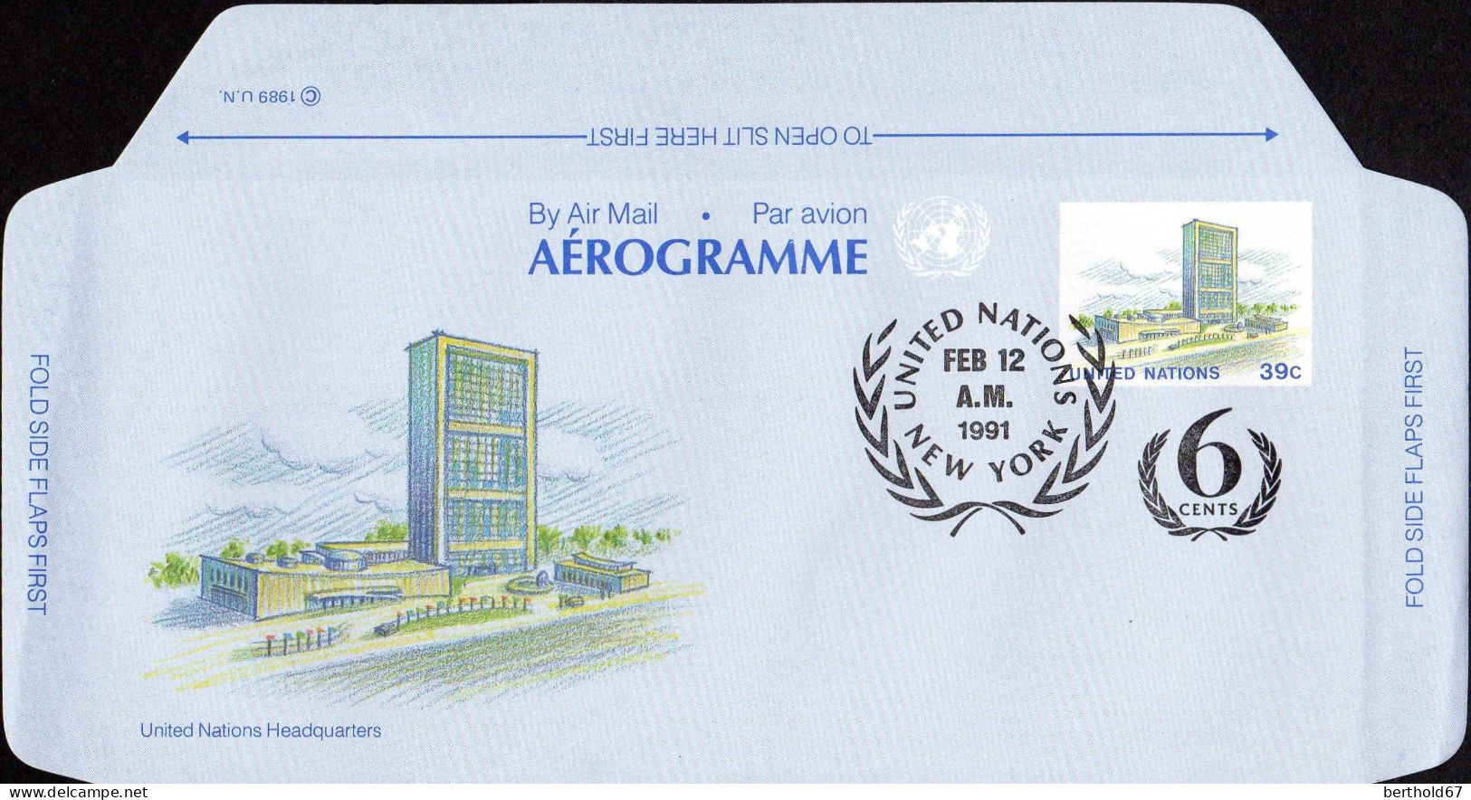ONU (New-York) Aérogr Obl (102) Aerogramme United Nations Headquaters (TB Cachet à Date) +6cents - Posta Aerea