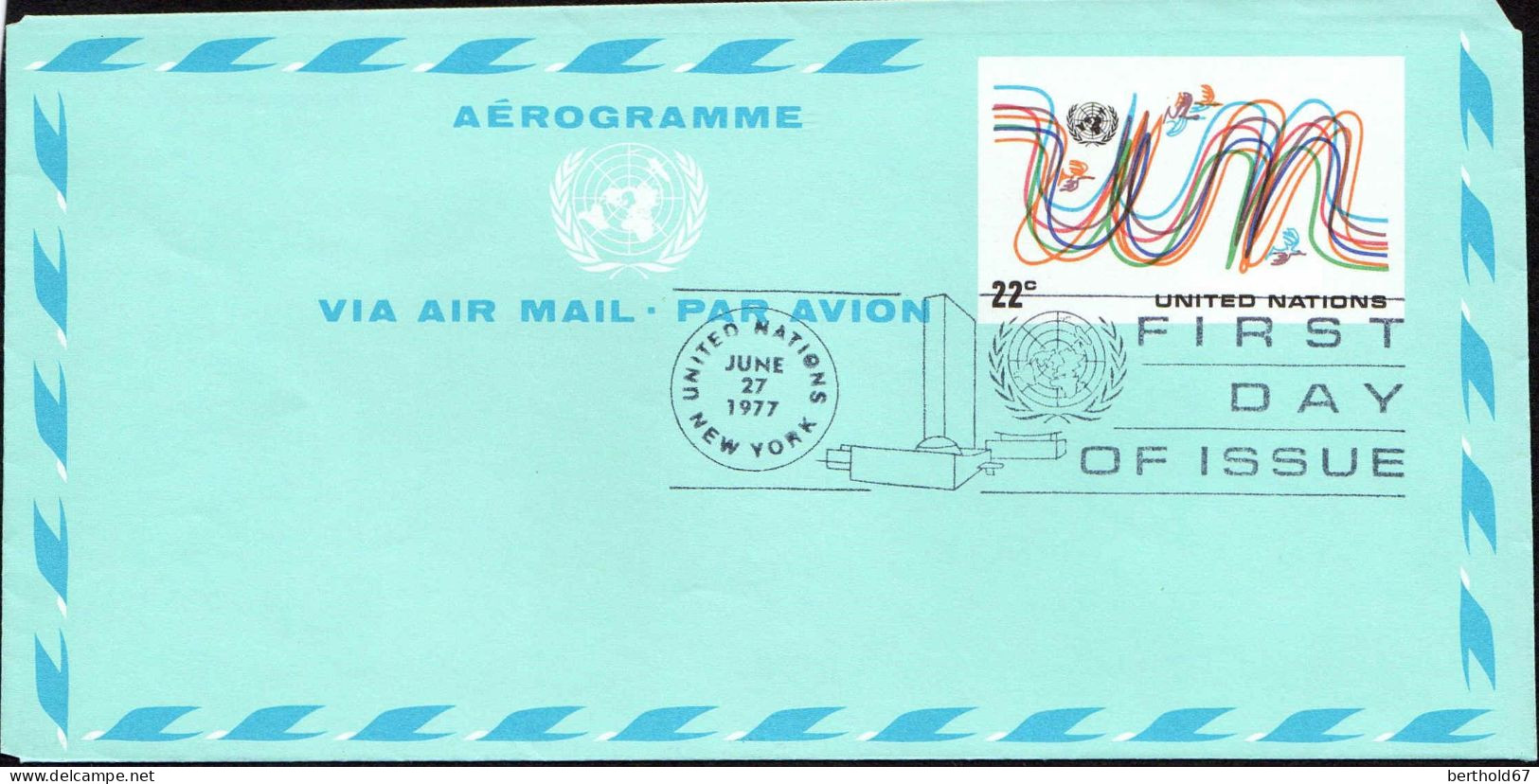 ONU (New-York) Aérogr Fdc (100) Aerogramme UN 22c 27june1977 - Luchtpost