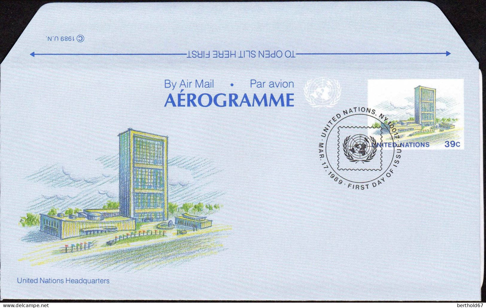 ONU (New-York) Aérogr Fdc (103) Aerogramme United Nations Headquaters 17mar1989 - Poste Aérienne