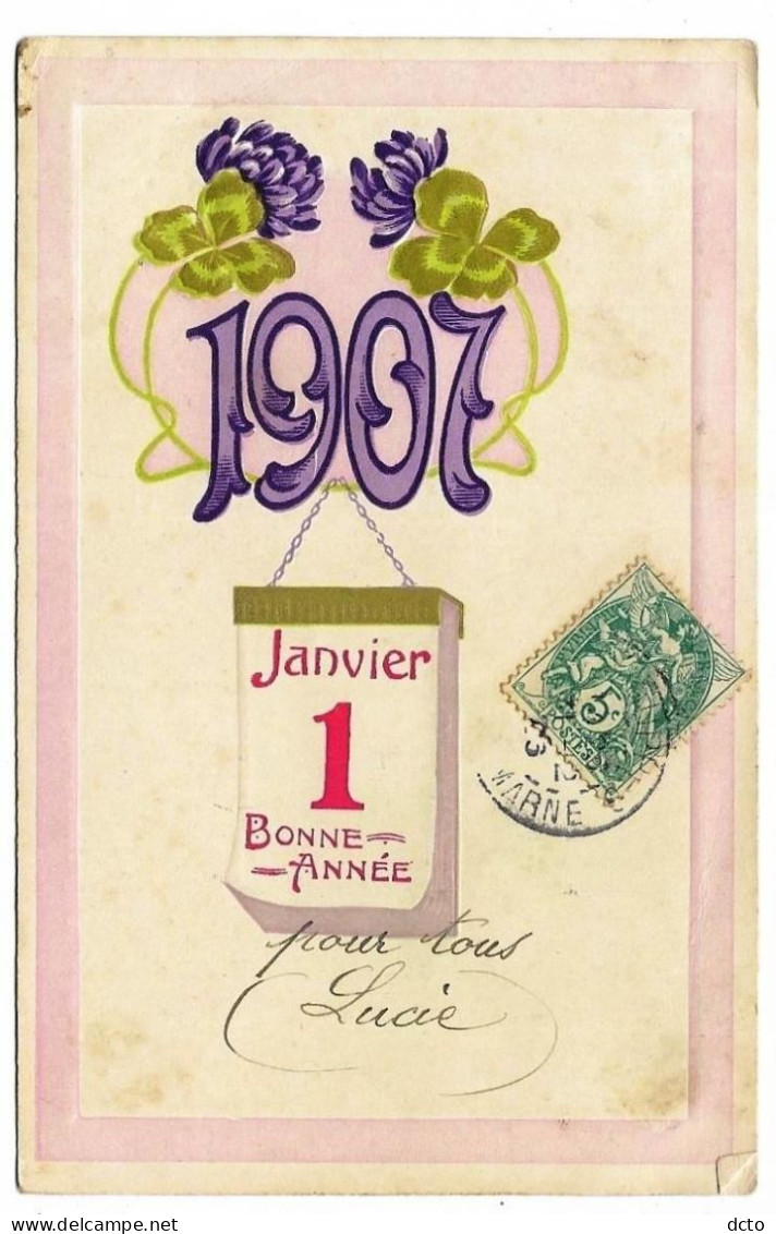 3 Cpa Trèfles Gaufrées Bonne Année 1907 (1ére : Beau Liseré Doré, 2ème Fer à Cheval : Pli Angle Haut Gauche) - Nouvel An