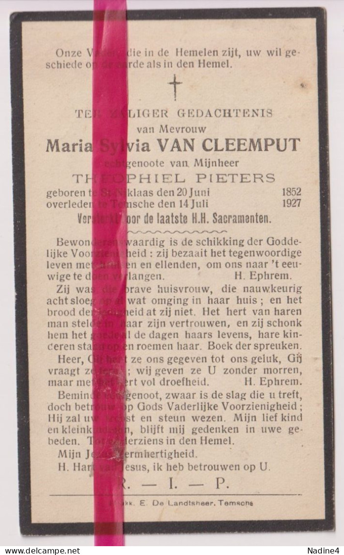Devotie Doodsprentje Overlijden - Maria Van Cleemput Echtg Theophiel Pieters - St Niklaas 1852 - Temse 1927 - Décès