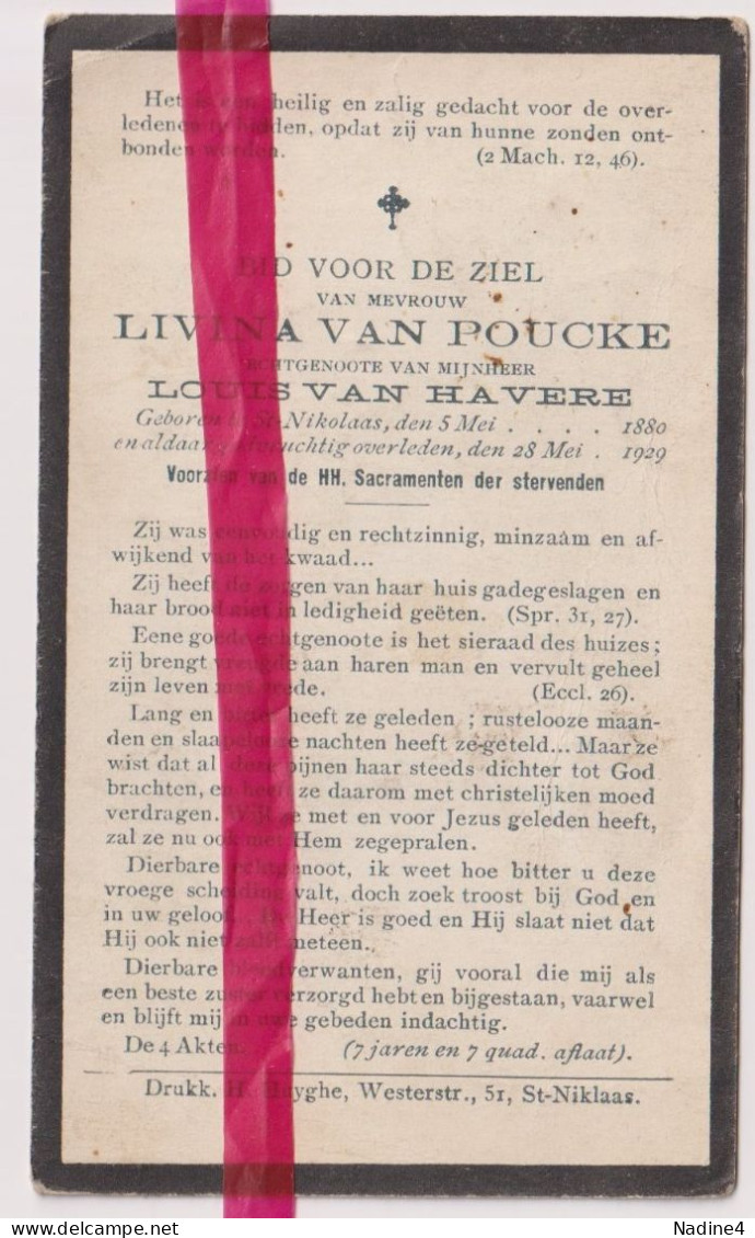 Devotie Doodsprentje Overlijden - Livina Van Poucke Echtg Louis Van Havere - St Niklaas 1880 - 1929 - Overlijden