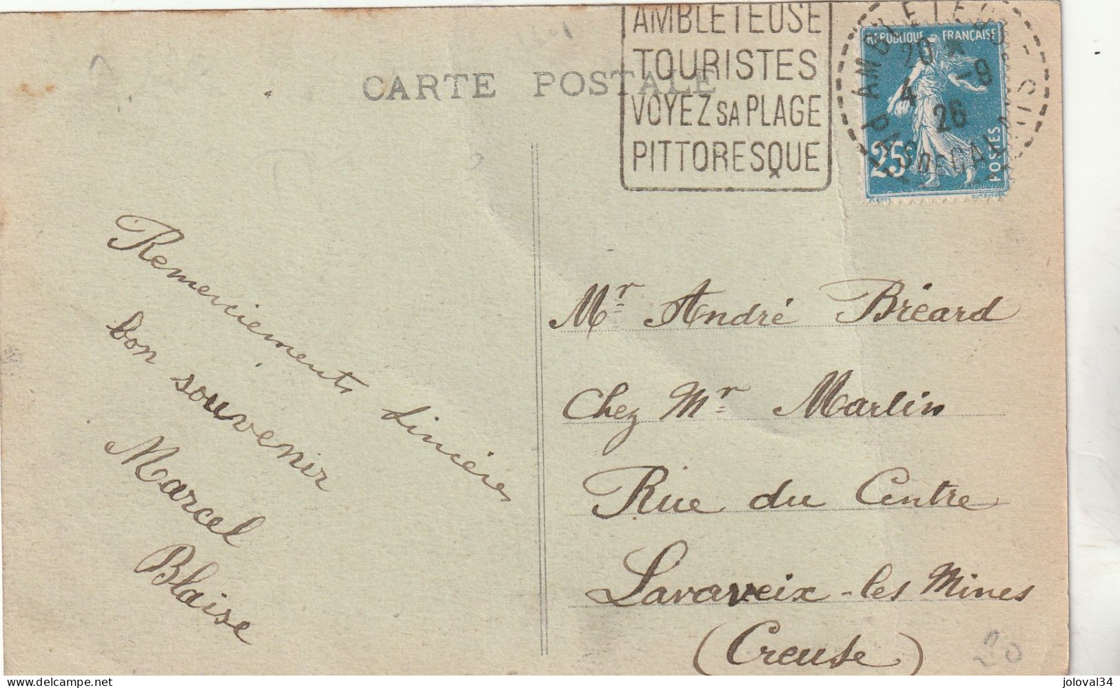 Yvert 140 Semeuse Cachet Daguin AMBLETEUSE Pas De Calais 1926 Sur Carte Postale Correspondante - 1921-1960: Moderne