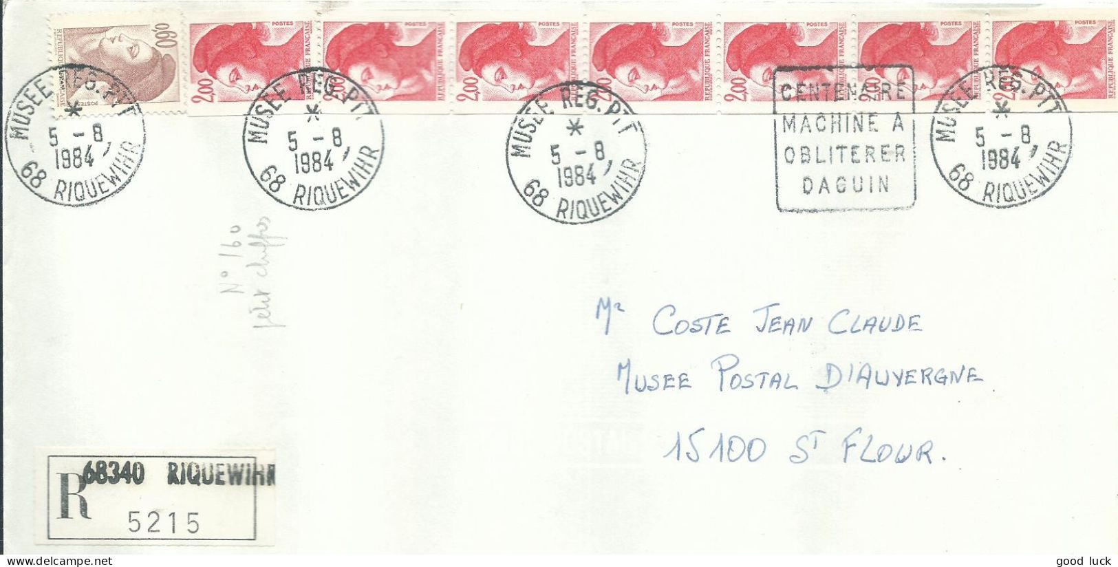 FRANCE LETTRE RECOMMANDEE 14F60 MUSEE DE RIQUEWIHR ( HAUT RHIN ) POUR ST FLOUR ( CANTAL ) DE 1984 LETTRE COVER - 1961-....