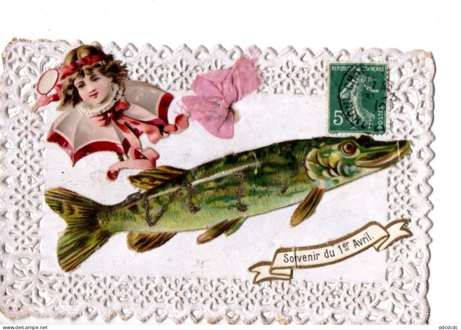 Carte Ajoutis Souvenir Du 1er Avril Poissin Fillette Petit Noeud Rose Broderies RV - 1° Aprile (pesce Di Aprile)