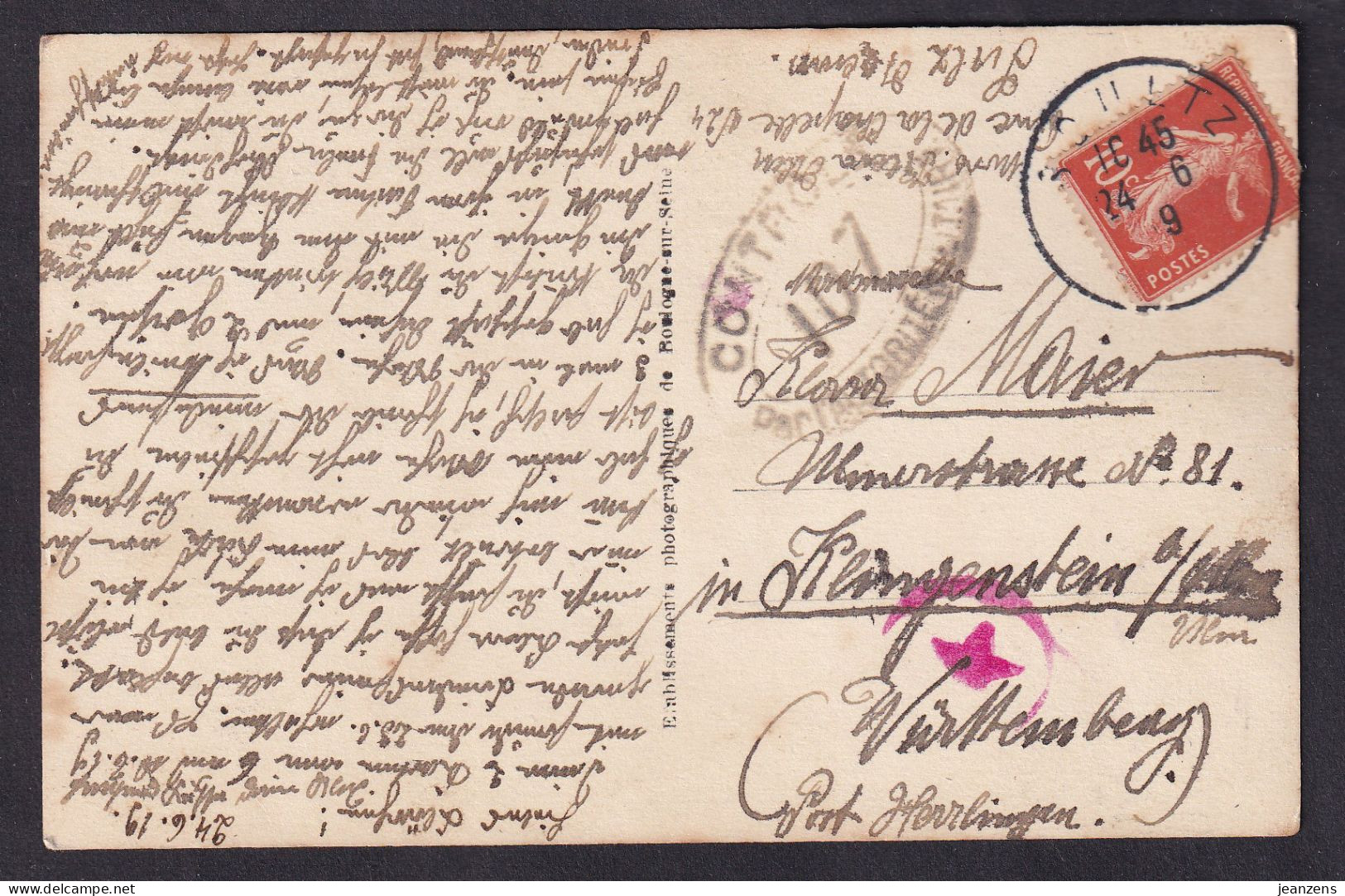 Carte A Vue  Obl. Soultz 24.06.1919 -> Klingenstein - Zensur/Censure * + 107 (Mulhouse) - Storia Postale