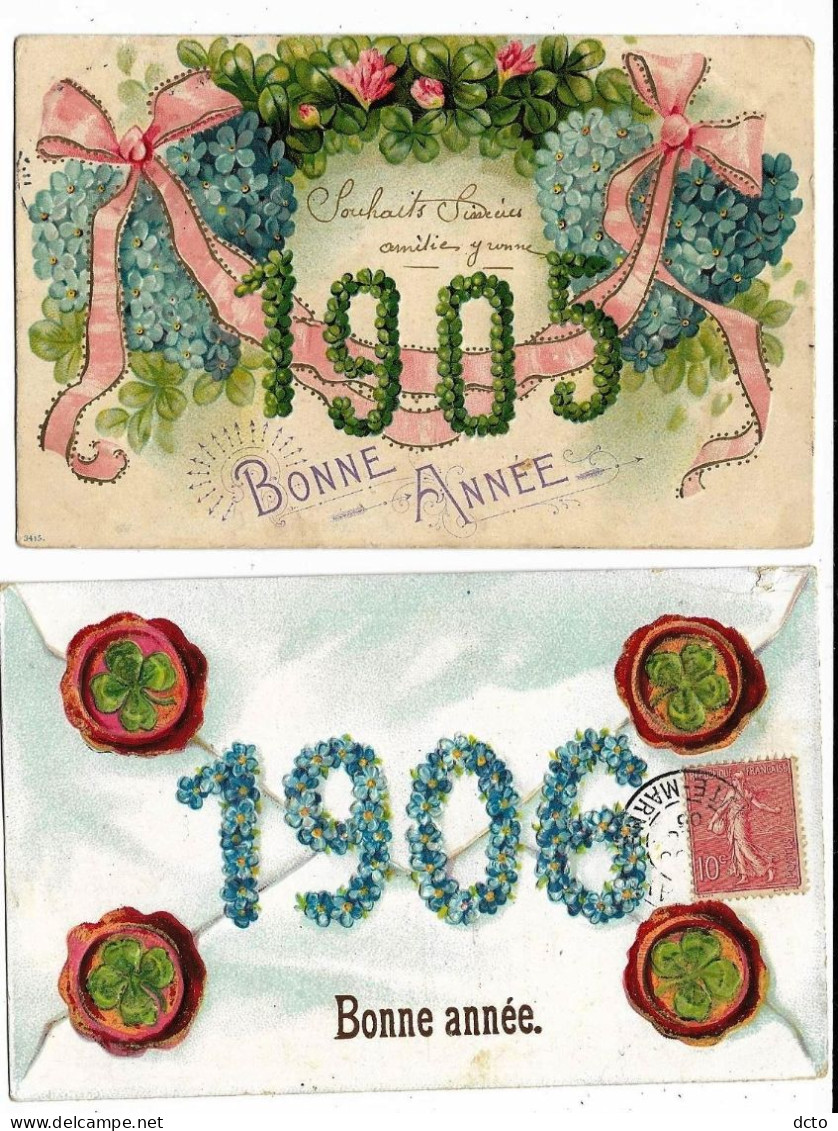 2 Cpa Fleurs Gaufrées Myosotis & Trèfles Bonne Année 1905 & 1906 - Nouvel An