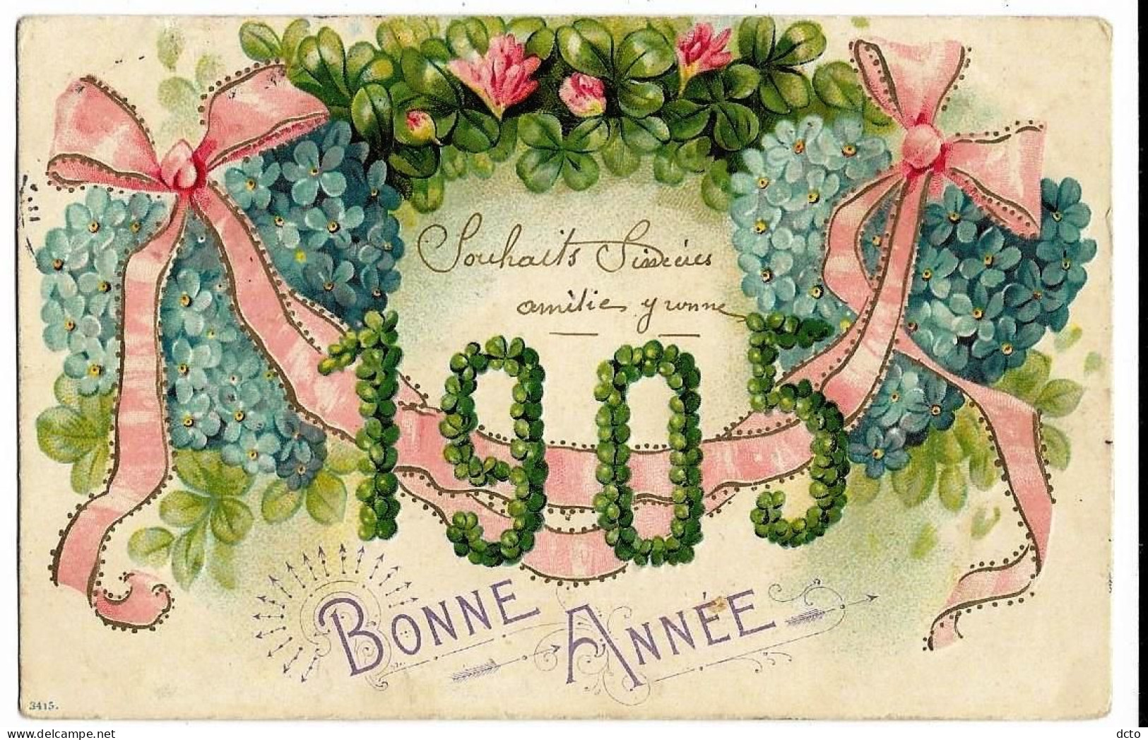 2 Cpa Fleurs Gaufrées Myosotis & Trèfles Bonne Année 1905 & 1906 - Anno Nuovo