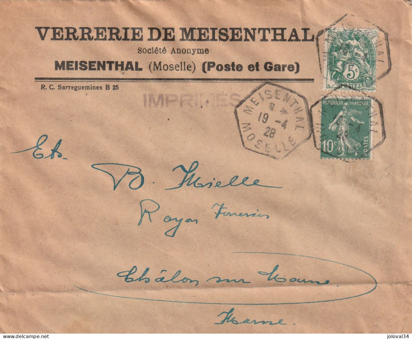 Yvert 159 Semeuse + 111 Blanc Lettre Imprimés Verrerie De MEIDENTHAL Moselle 19/4/1928 Cachet - 1921-1960: Période Moderne