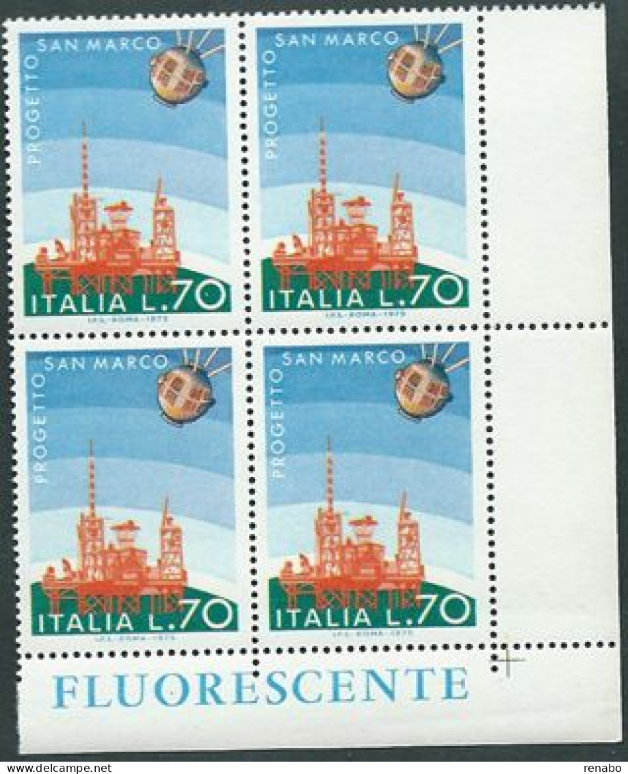 Italia 1975; Satellite San Marco E Piattaforma: Imprese Spaziali Italiane. Quartina D' Angolo Con FLUORESCENTE. - 1971-80:  Nuovi