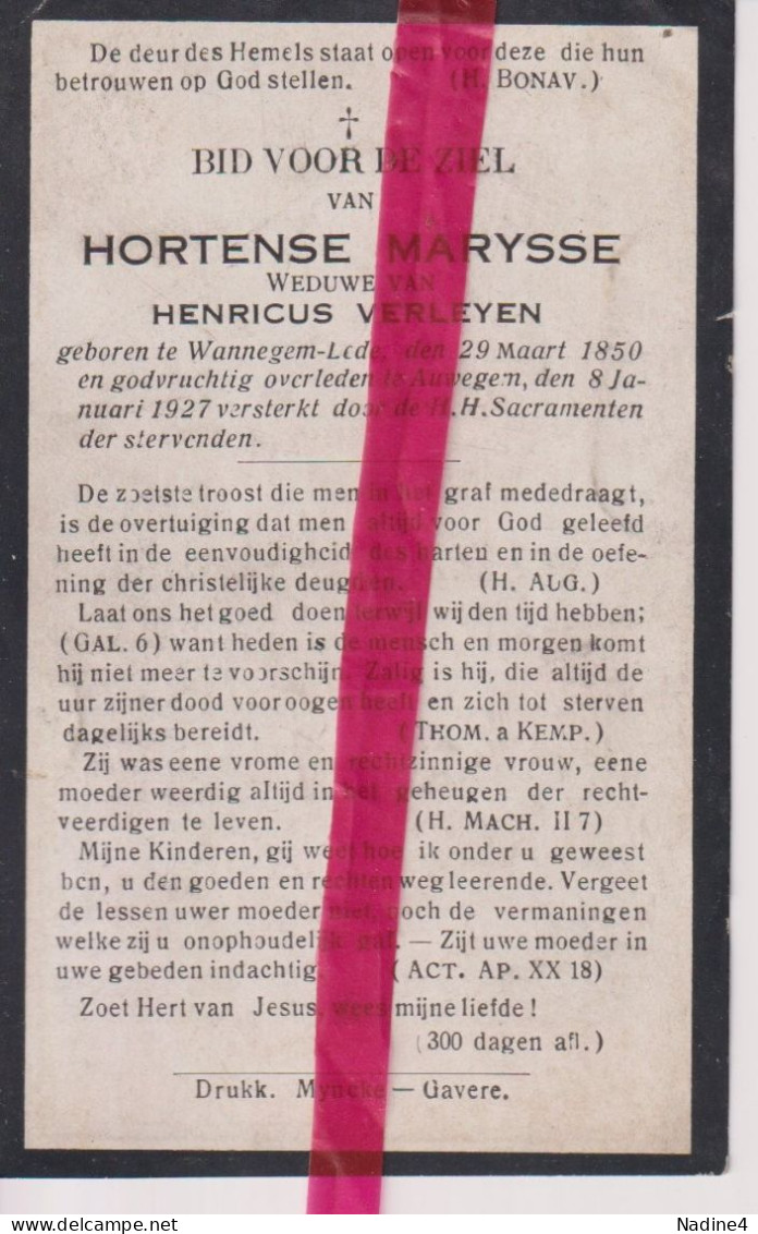 Devotie Doodsprentje Overlijden - Hortense Marysse Wed Henricus Verleyen - Wannegem Lede 1850 - Ouwegem 1927 - Obituary Notices