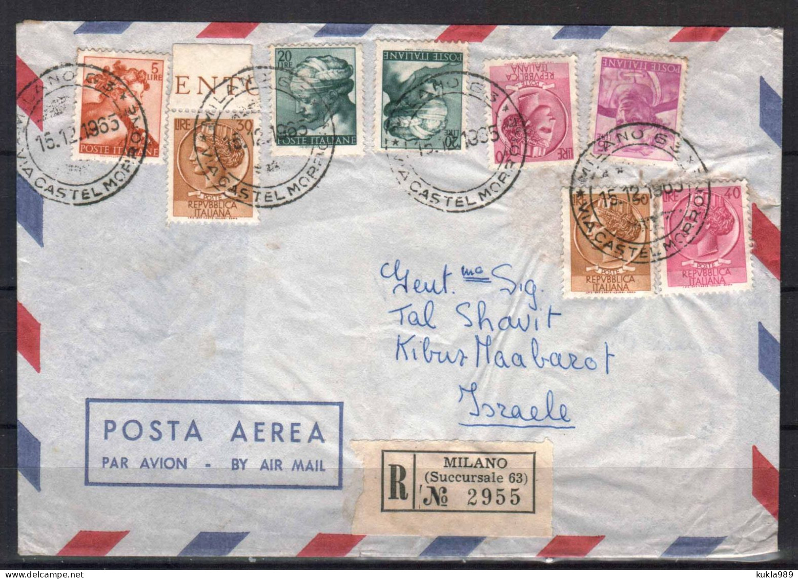 ITALY STAMPS. 1965 REG. COVER TO ISRAEL - Correo Aéreo