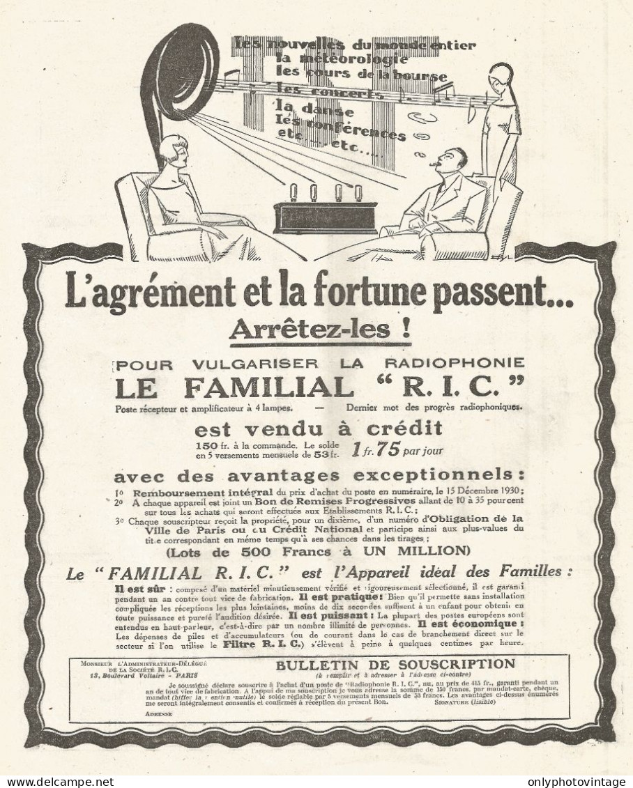 Radio Le Familial R.I.C. - Pubblicitï¿½ Del 1926 - Old Advertising - Advertising