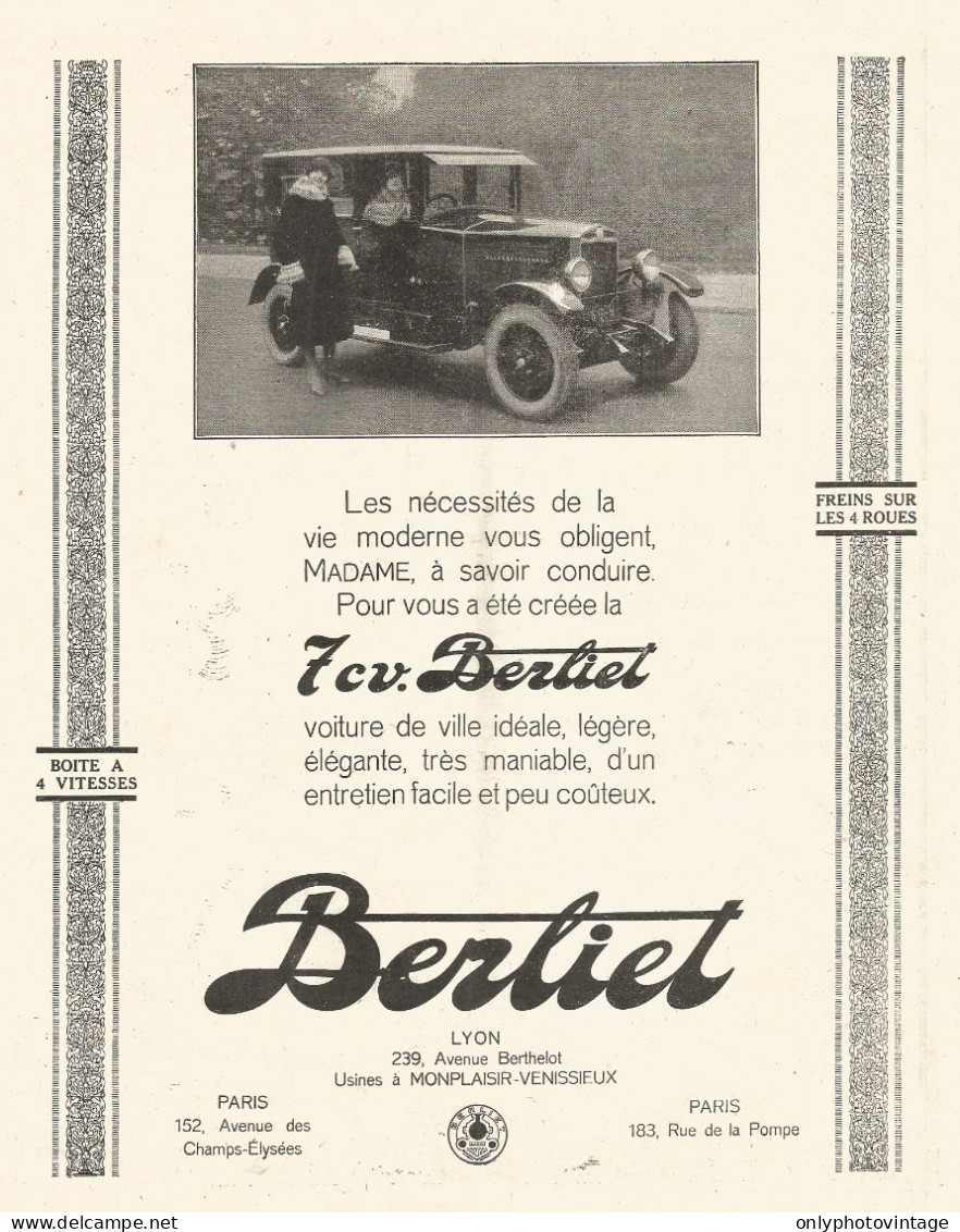 Automobile BERLIET 7 Cv. - Pubblicitï¿½ Del 1926 - Old Advertising - Advertising