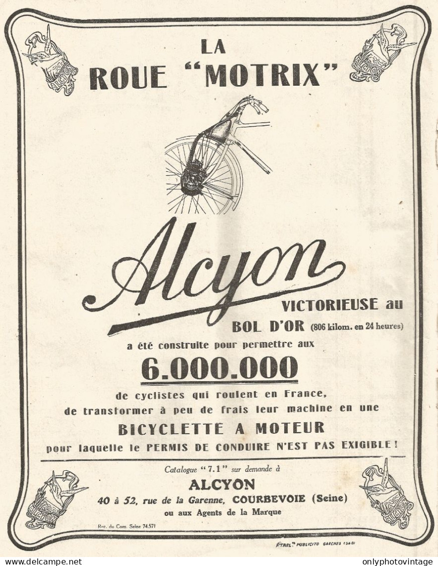 Bicicletta A Motore ALCYON - Vince Il Bol D'Or - Pubblicitï¿½ Del 1926 - Ad - Advertising