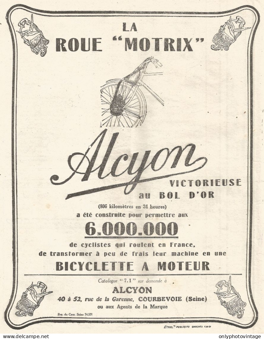 Bicicletta A Motore ALCYON - Vince Il Bol D'Or - Pubblicitï¿½ Del 1926 - Ad - Advertising