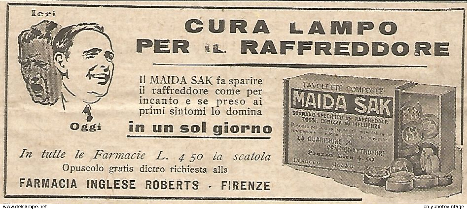 MAIDA SAK Fa Sparire Il Raffreddore - Pubblicitï¿½ Del 1932 - Old Advert - Publicités