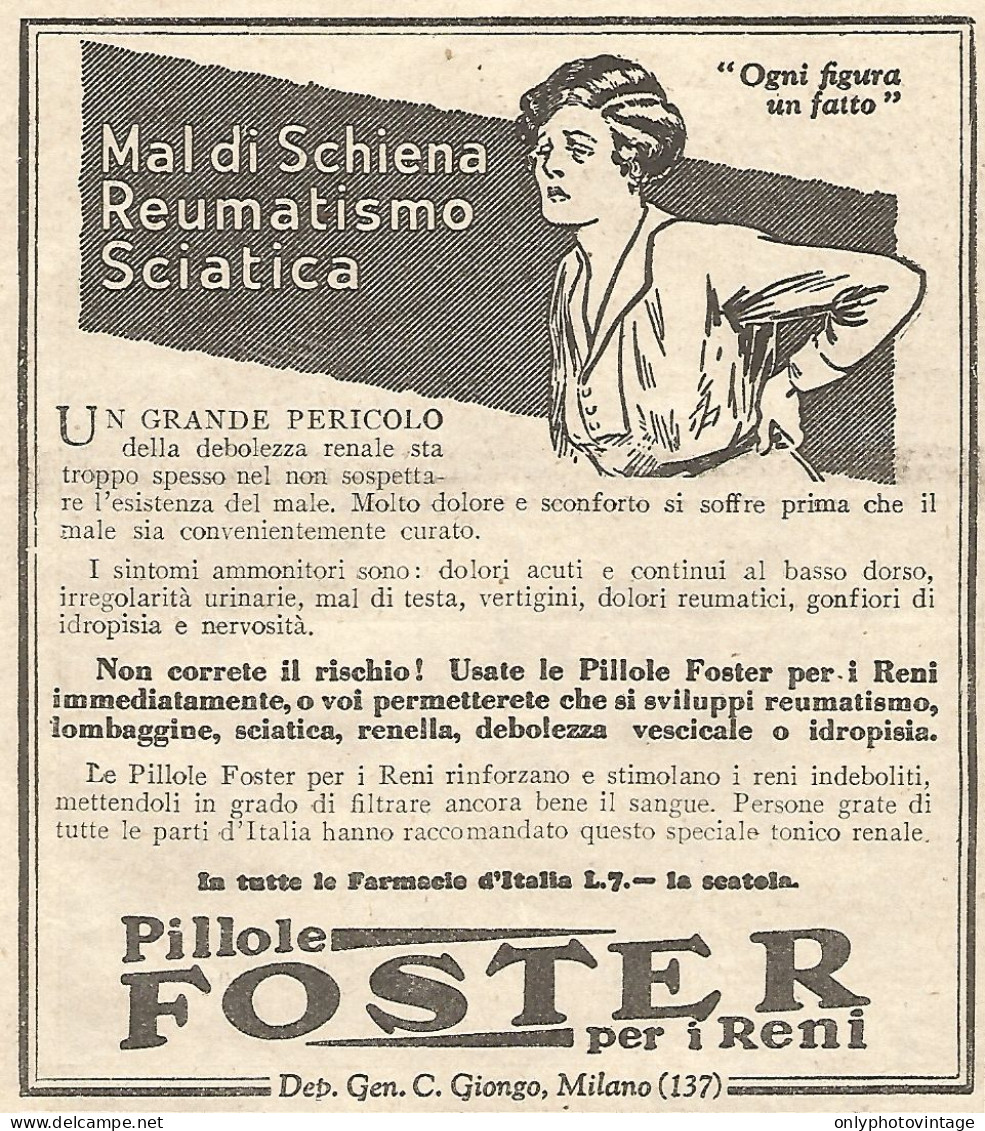 Pillole FOSTER Per I Reni - Vignetta - Pubblicitï¿½ Del 1932 - Old Advert - Publicités