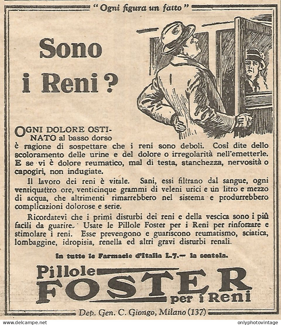 Pillole FOSTER Per I Reni - Vignetta - Pubblicitï¿½ Del 1932 - Old Advert - Publicités