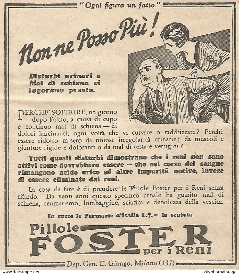 Pillole FOSTER Per I Reni - Vignetta - Pubblicitï¿½ Del 1932 - Old Advert - Publicités