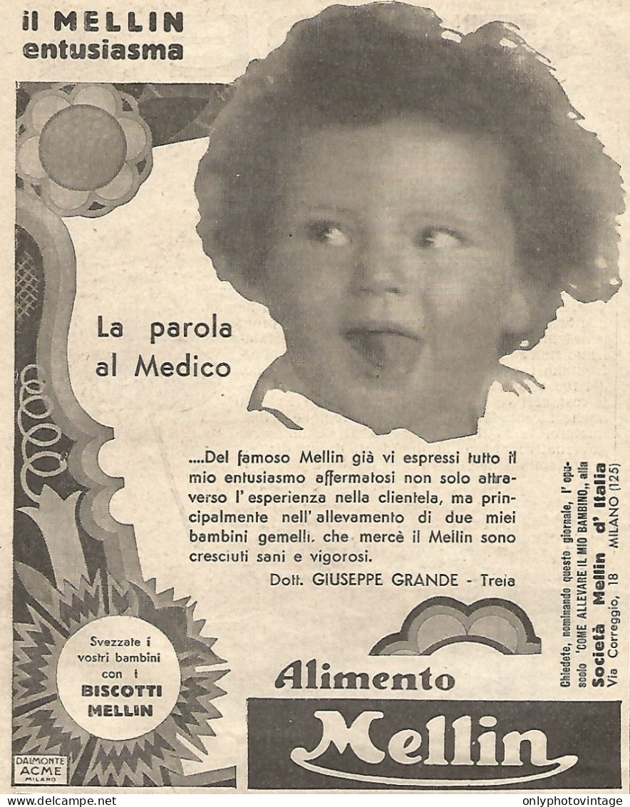 Alimento MELLIN - La Parola Al Medico - Pubblicitï¿½ Del 1932 - Old Advert - Advertising