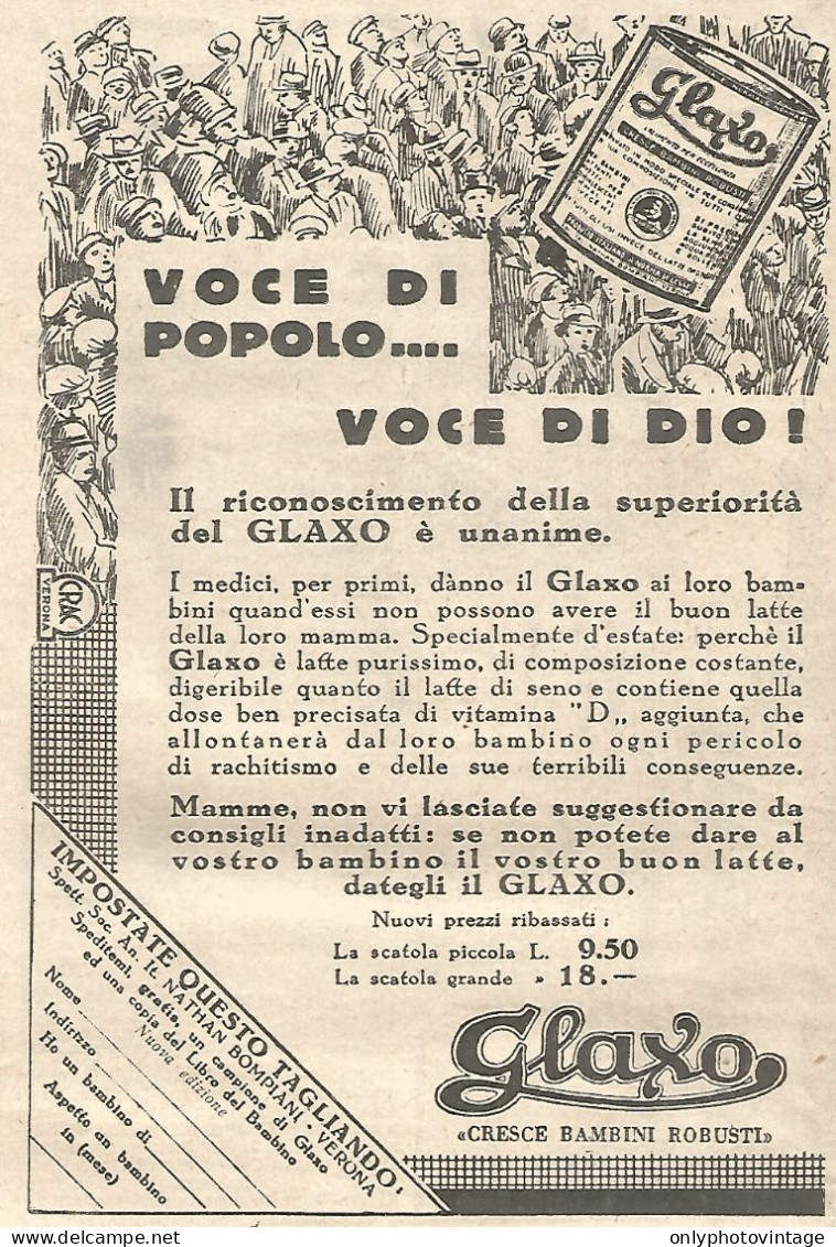 Alimenti GLAXO - Voce Di Popolo... - Pubblicitï¿½ Del 1932 - Vintage Advert - Advertising