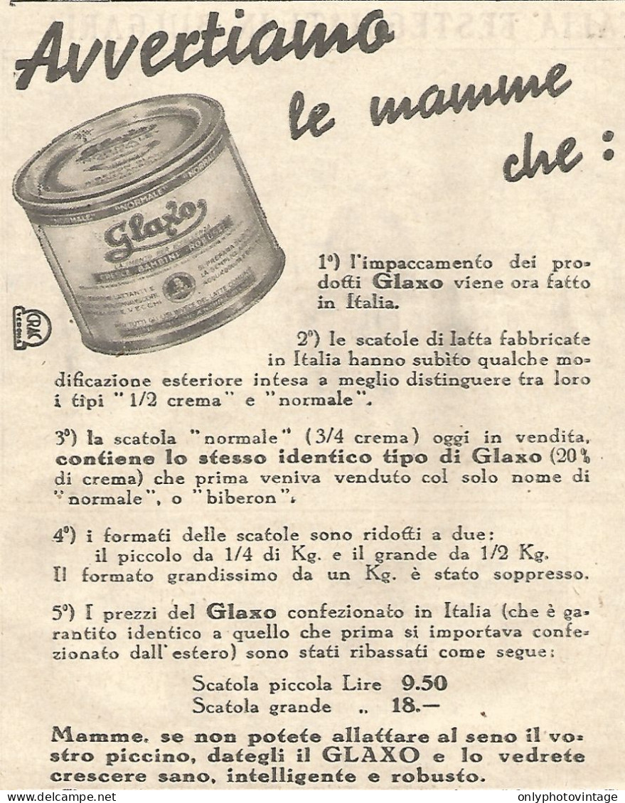Alimenti GLAXO - Avvertiamo Le Mamme... - Pubblicitï¿½ Del 1932 - Vintage Ad - Advertising