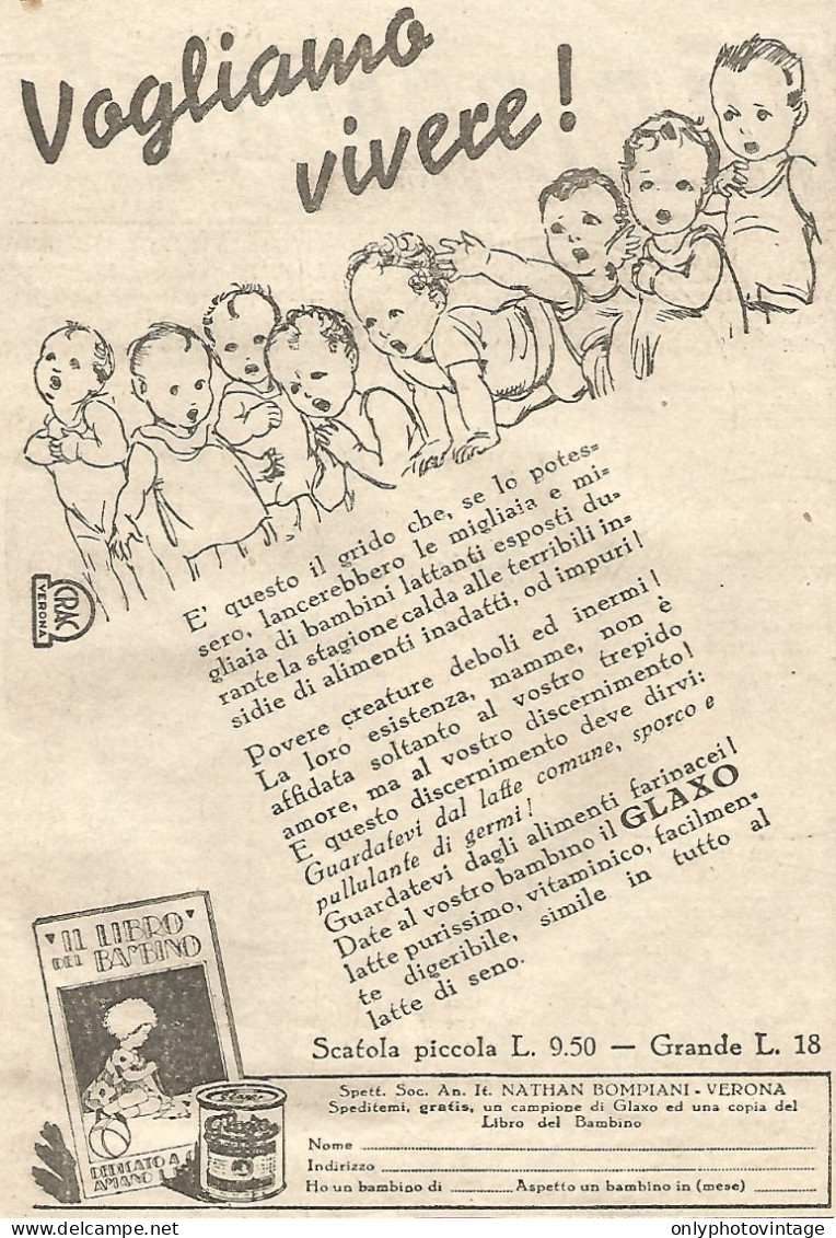 Alimenti GLAXO - Vogliamo Vivere... - Pubblicitï¿½ Del 1932 - Vintage Advert - Publicités