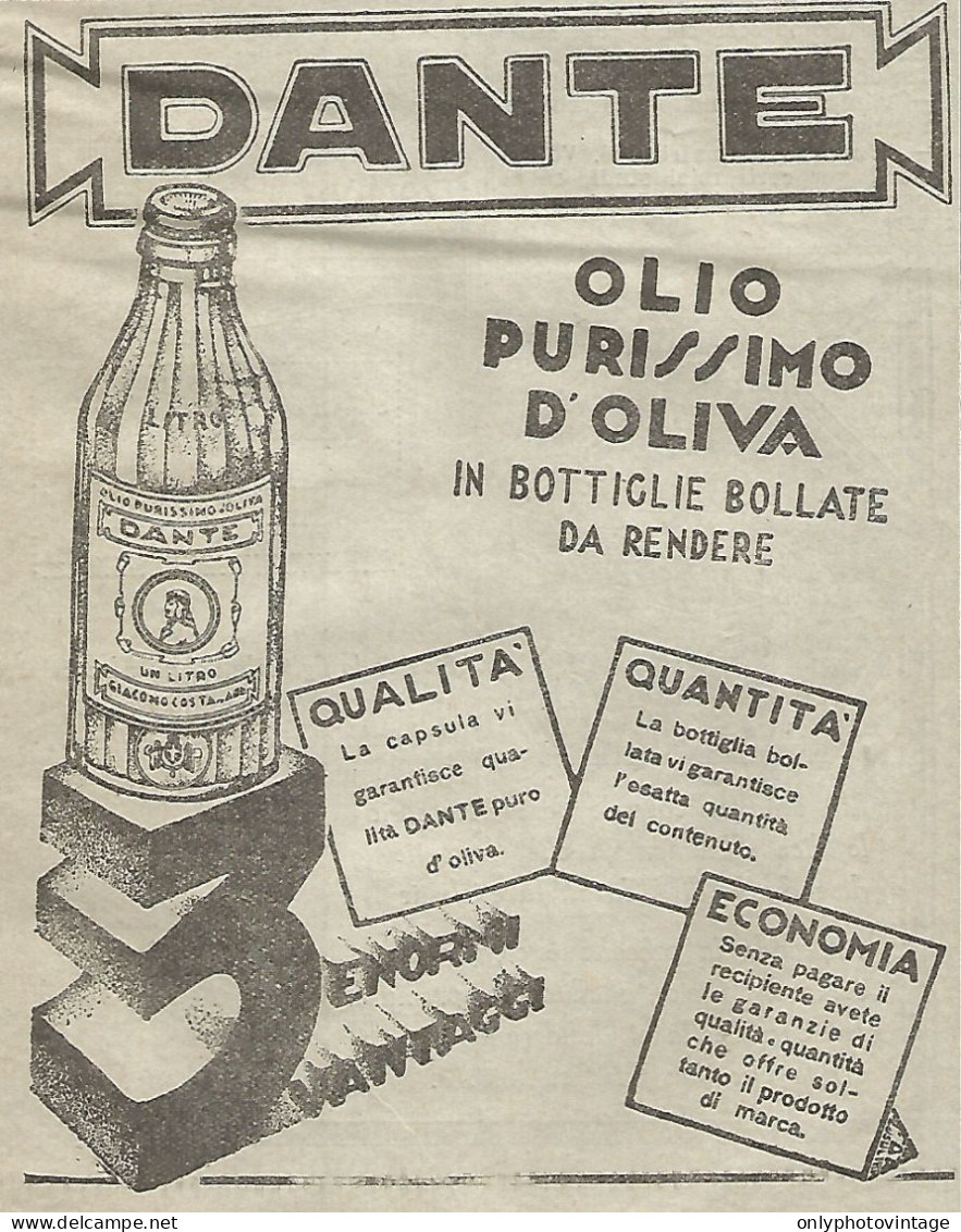 DANTE - Olio Purissimo D'oliva - Pubblicitï¿½ Del 1932 - Vintage Advertising - Publicités