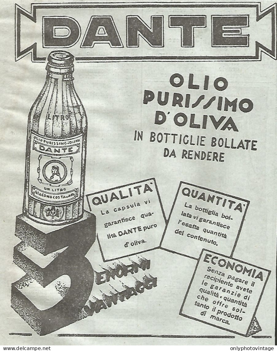 DANTE Olio Purissimo D'oliva - Pubblicitï¿½ Del 1932 - Vintage Advertising - Publicités