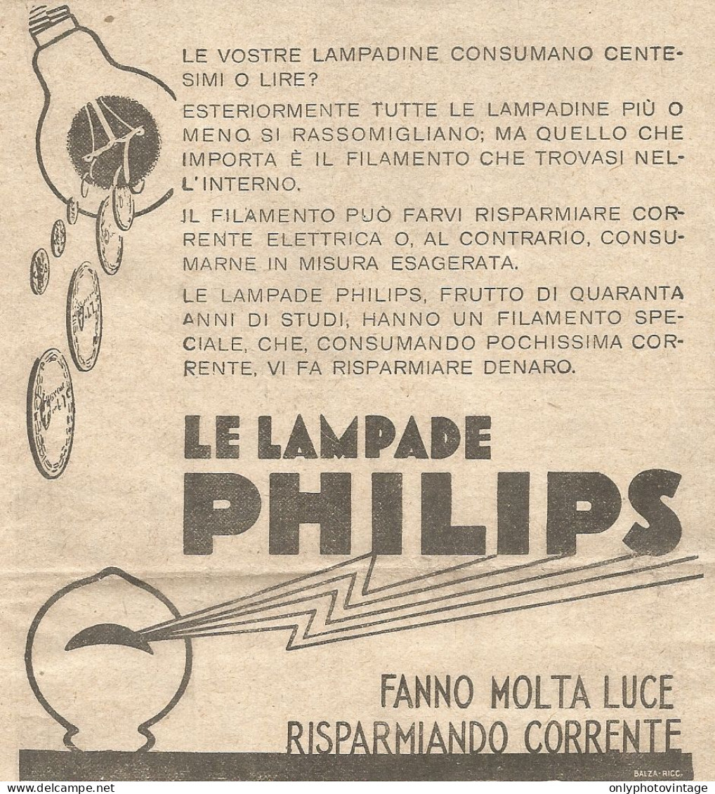 Lampade PHILIPS - Pubblicitï¿½ Del 1932 - Vintage Advertising - Publicités