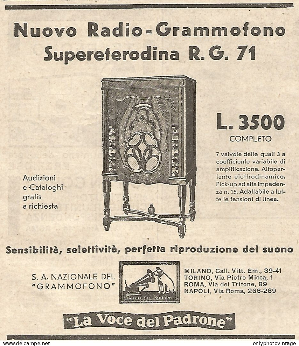 Radio-Grammofono R.G.71 La Voce Del Padrone - Pubblicitï¿½ Del 1932 - Advert - Advertising