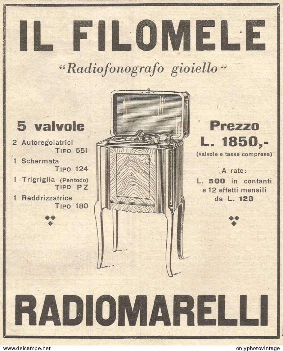 Radio Marelli - Il Filomele - Pubblicitï¿½ Del 1932 - Vintage Advertising - Advertising