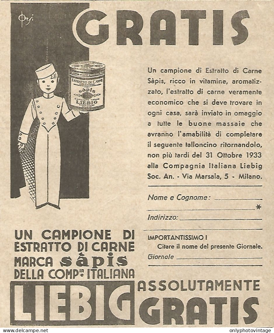 LIEBIG - Gratis Un Campione Di... - Pubblicitï¿½ Del 1933 - Vintage Advert - Advertising