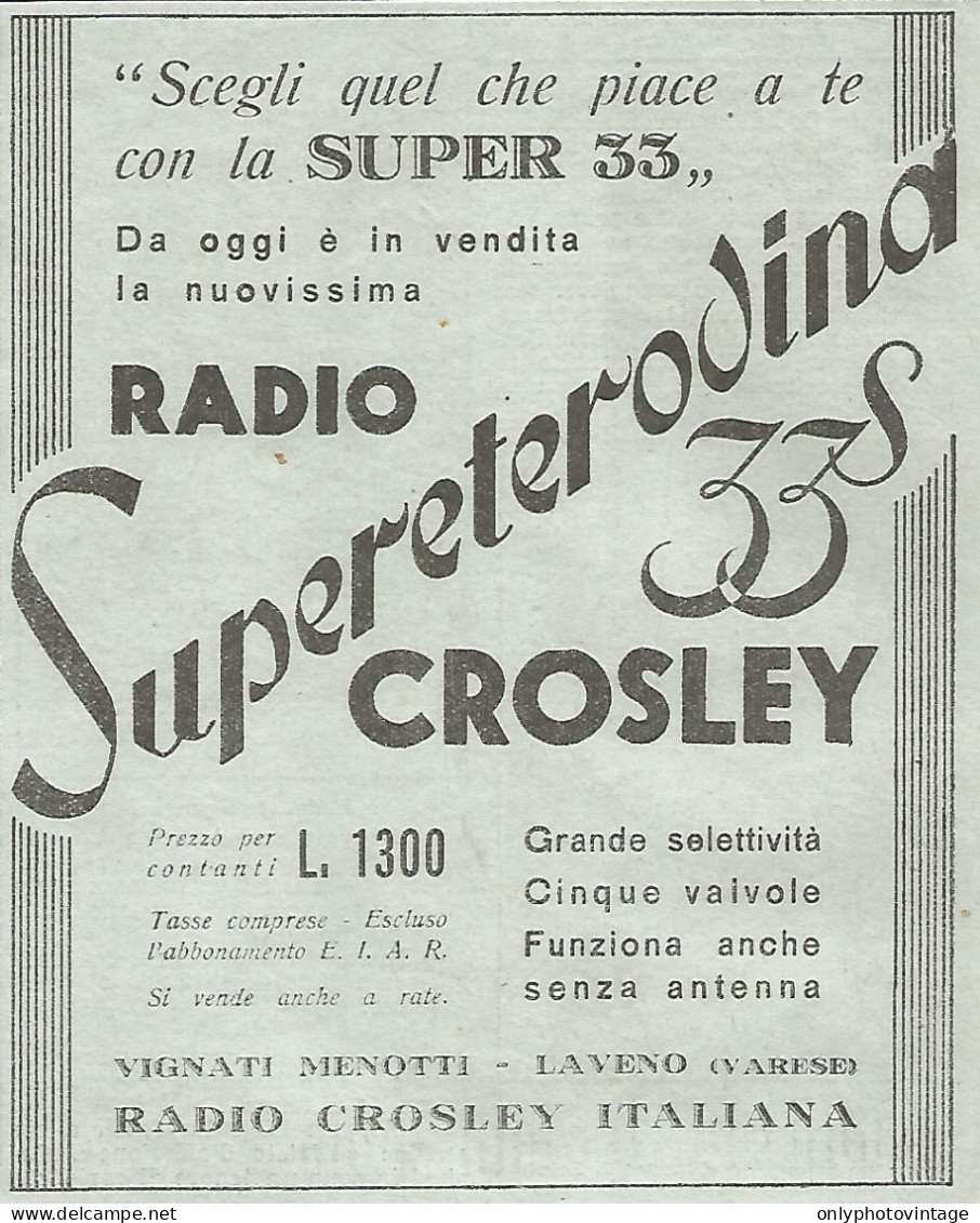 Radio Crosley - Supereterodina 33 S - Pubblicitï¿½ Del 1933 - Vintage Advert - Advertising