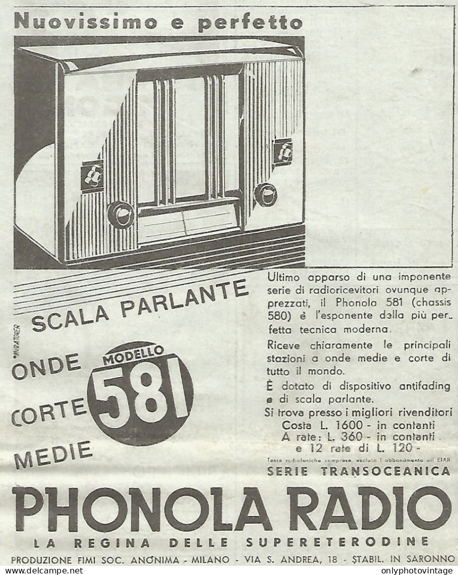 PHONOLA RADIO Modello 581 Scala Parlante - Pubblicitï¿½ Del 1933 - Advert - Publicités