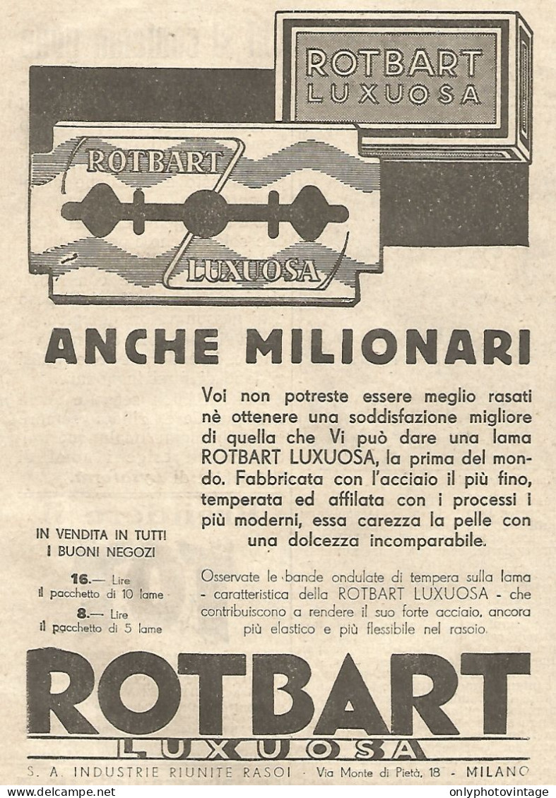 Lamette ROTBART Luxuosa - Anche Milionari... - Pubblicitï¿½ Del 1933 - Ad - Publicités