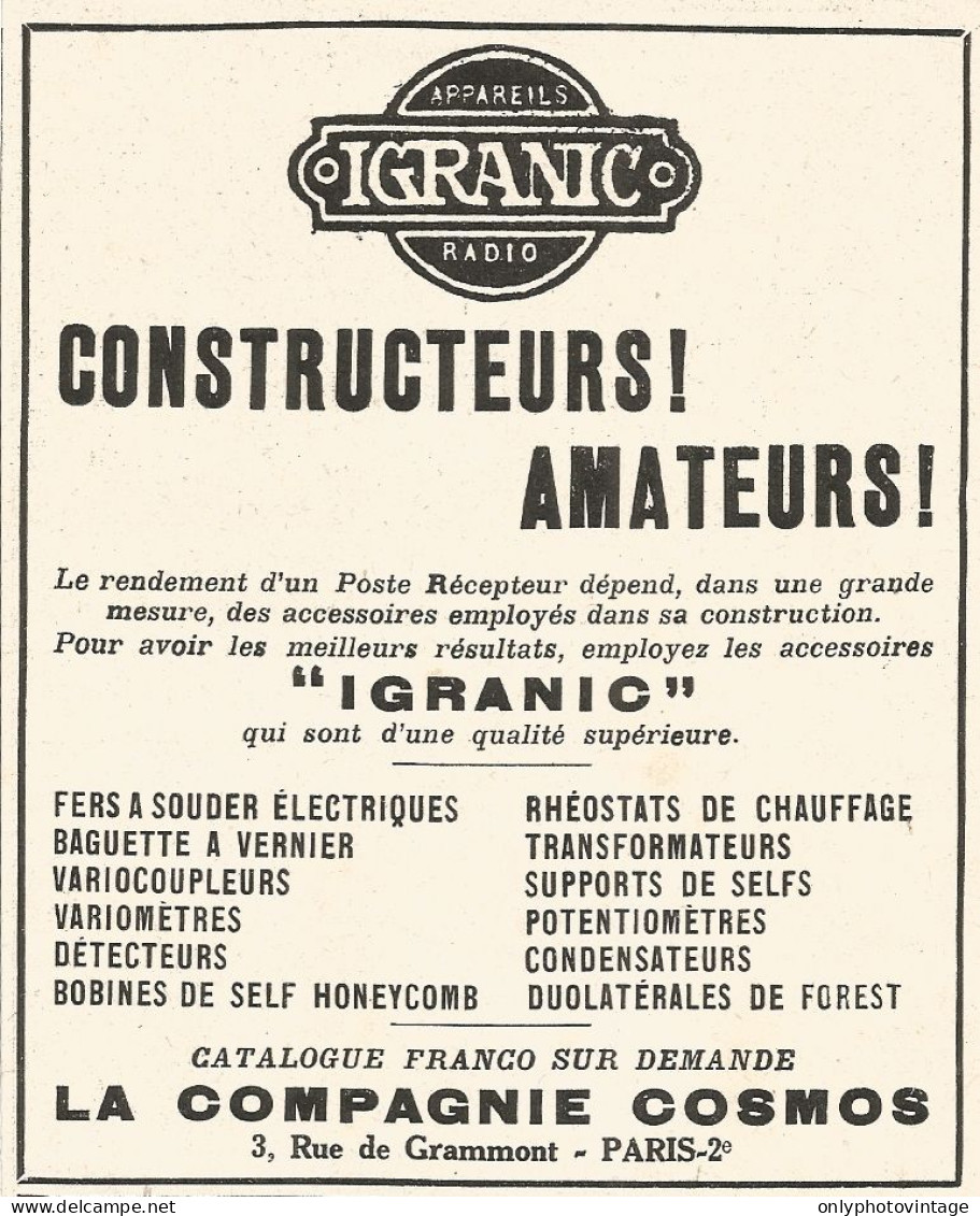 Appareils Radio IGRANIC - Pubblicitï¿½ Del 1926 - Old Advertising - Publicités