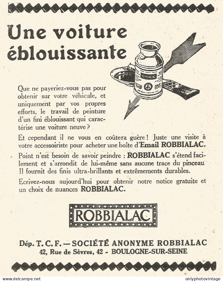 ROBBIALAC - Une Voiture ï¿½blouissante - Pubblicitï¿½ Del 1926 - Old Advert - Advertising