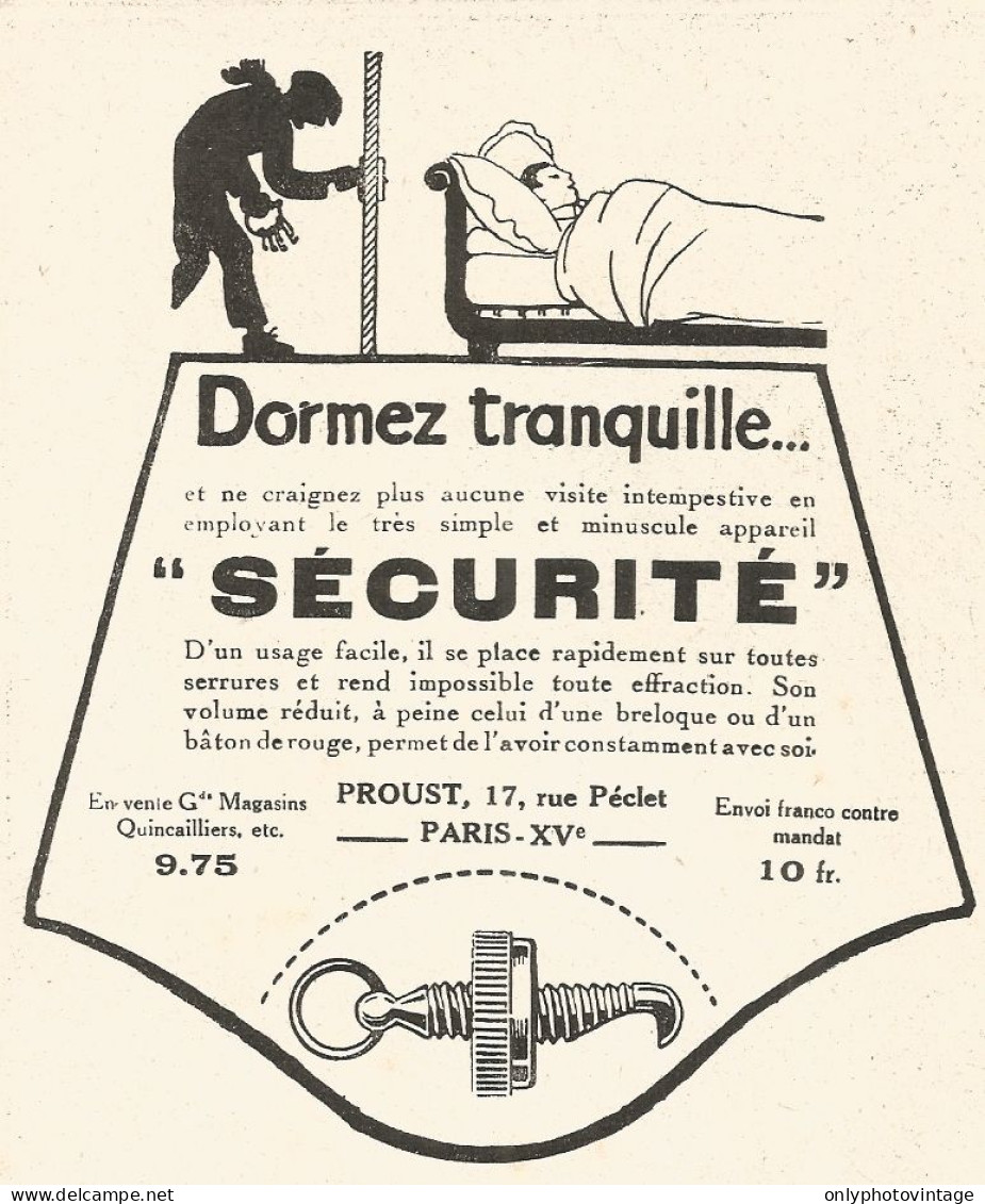 SECURITE' - Dormez Tranquille... - Pubblicitï¿½ Del 1926 - Old Advertising - Publicités