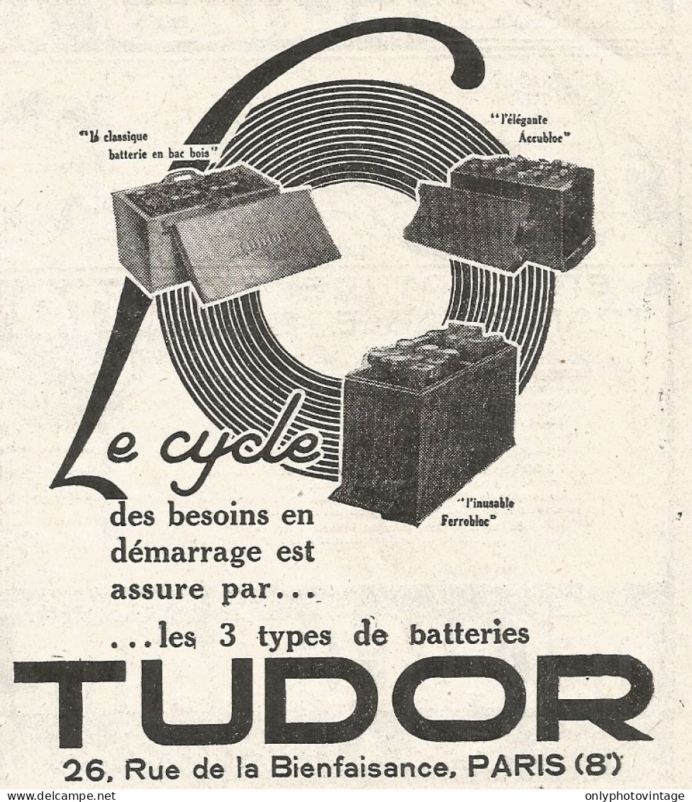 Accumulateur TUDOR - Pubblicitï¿½ Del 1926 - Old Advertising - Advertising