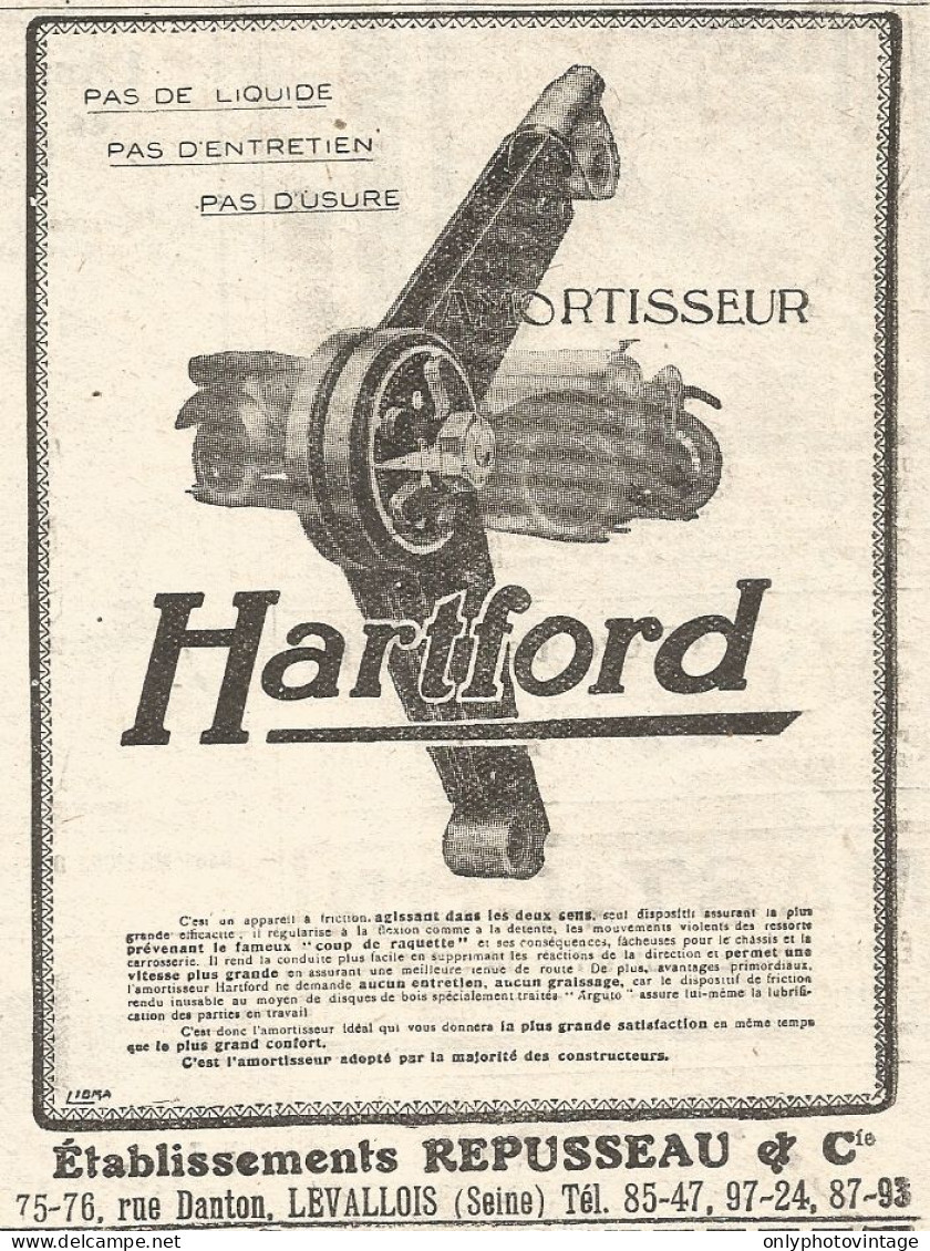 Amortisseur HARTFORD - Pubblicitï¿½ Del 1926 - Old Advertising - Advertising